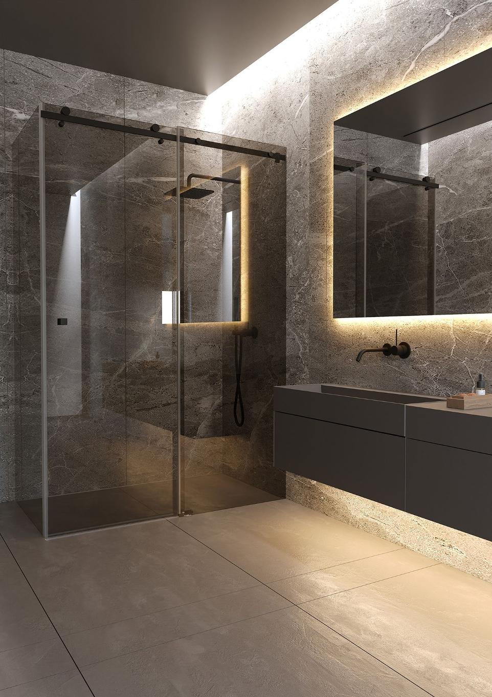 Interior of a luxury bathroom with a glass shower cabin.