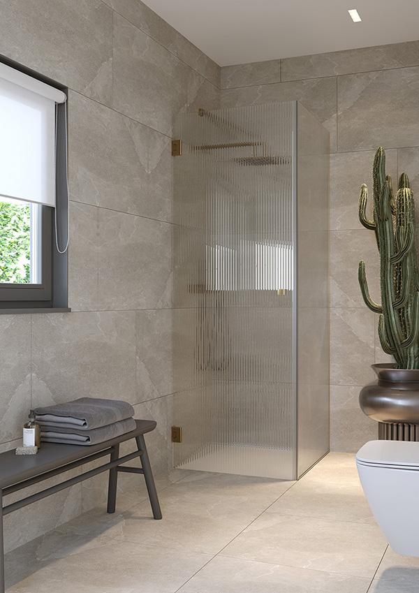 Modern bathroom with a corner glass shower cabin.