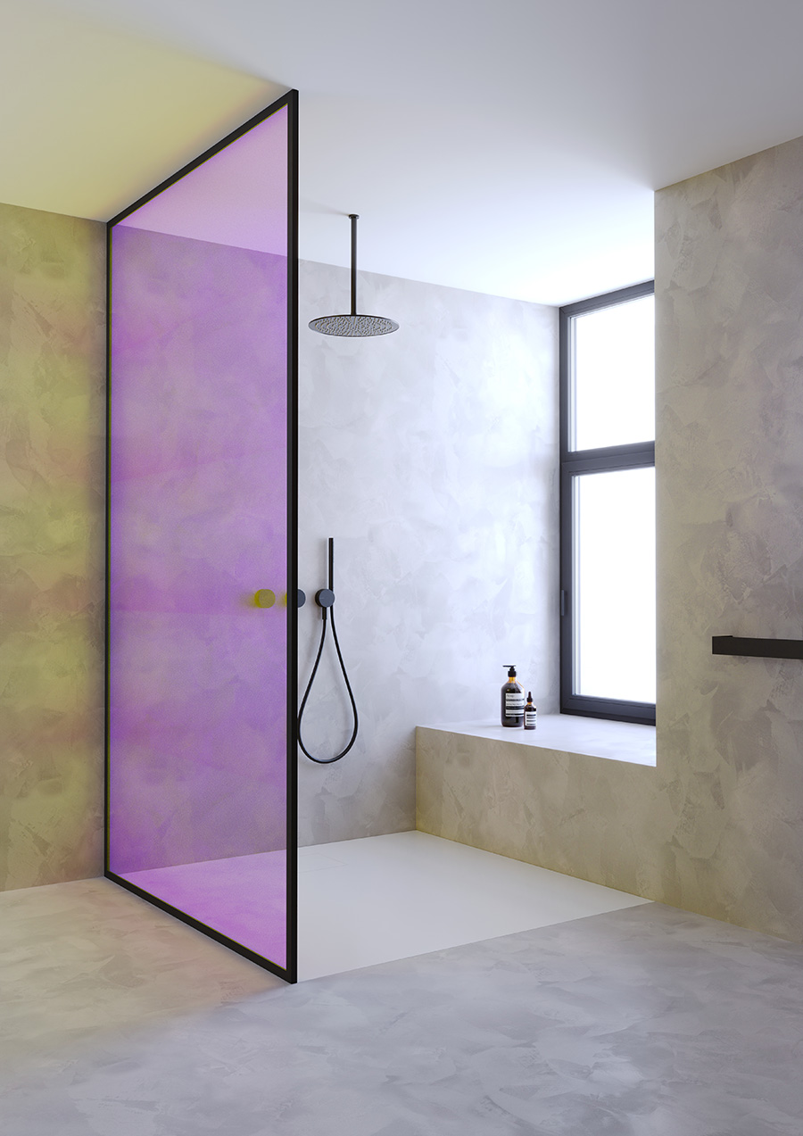 Modern bathroom with a glass partition.  