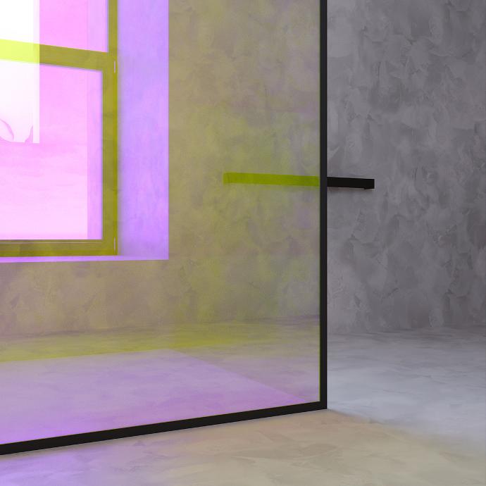 Detail of a modernly designed bathroom with a glass partition.