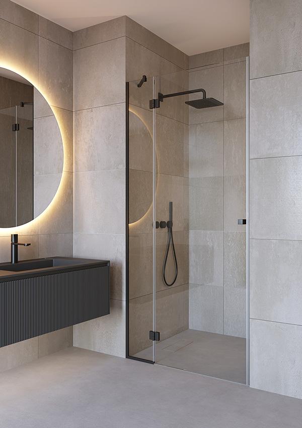 Modern bathroom with a shower cabin with glass doors.