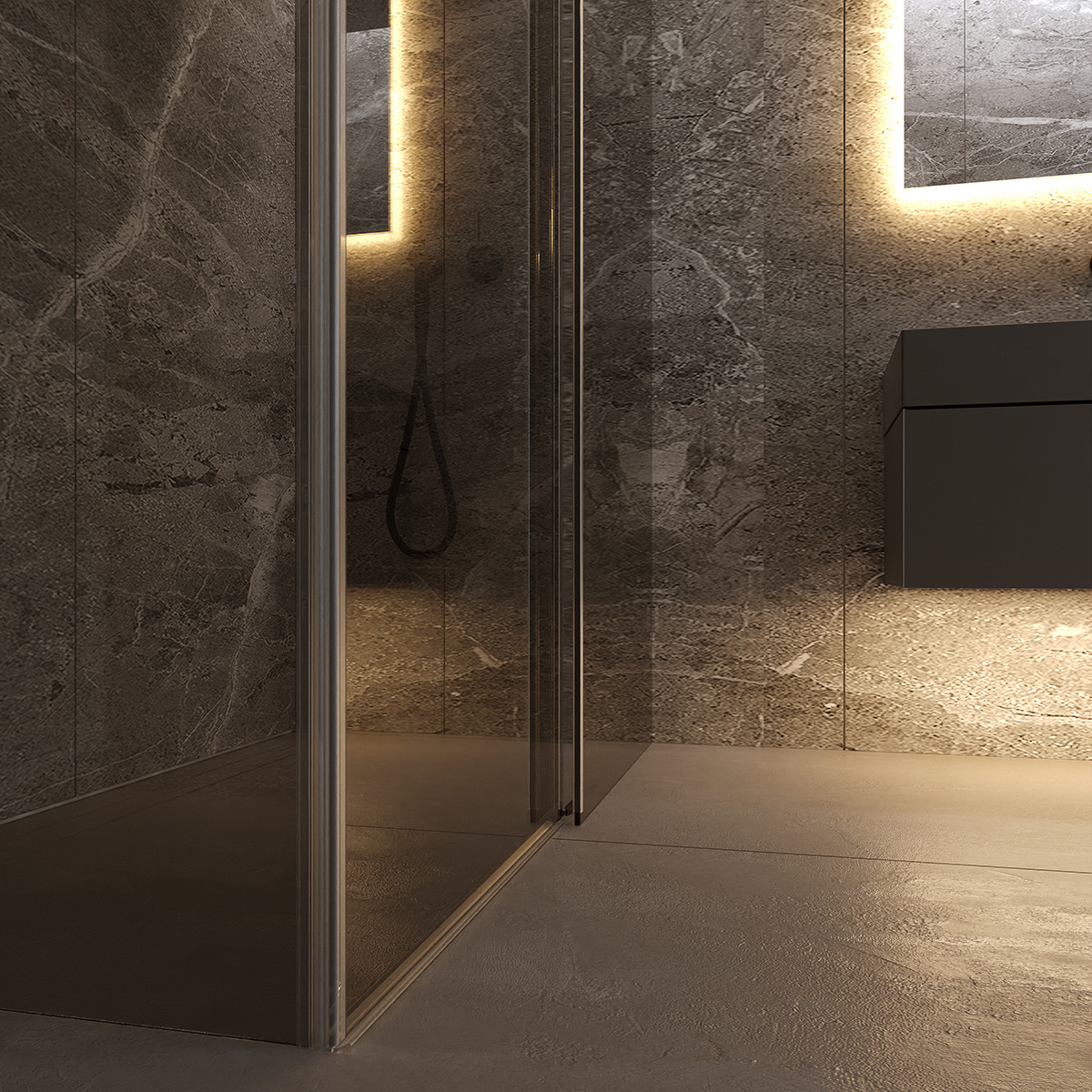 Detail of the glass sliding shower door.