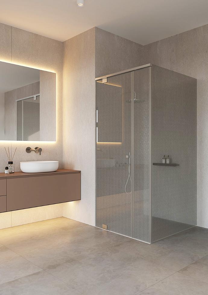 Modernly designed bathroom with a corner shower cabin.