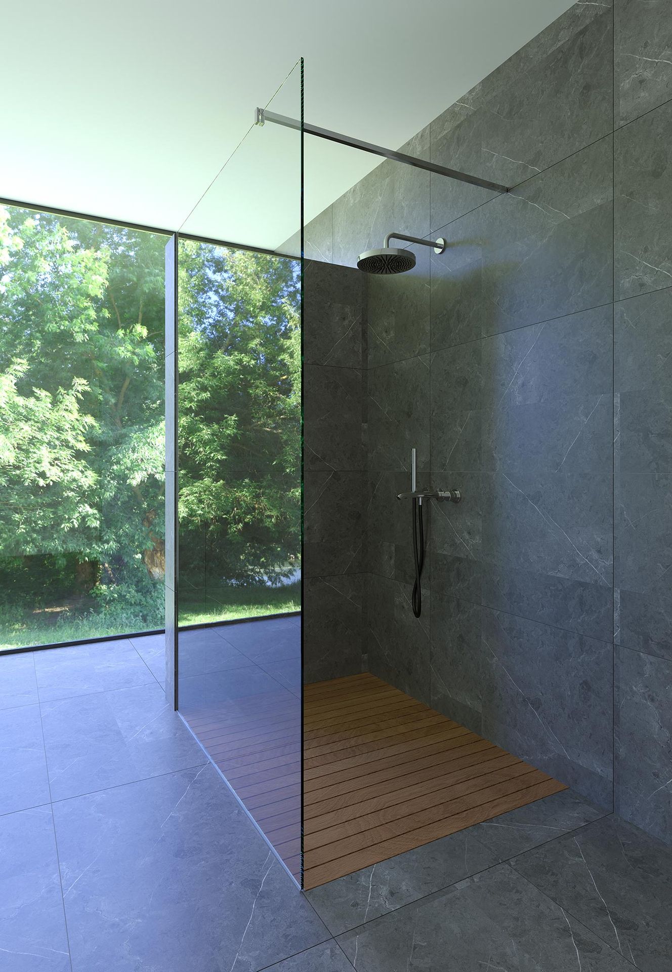 Modern bathroom with a glass partition and a view of the garden.