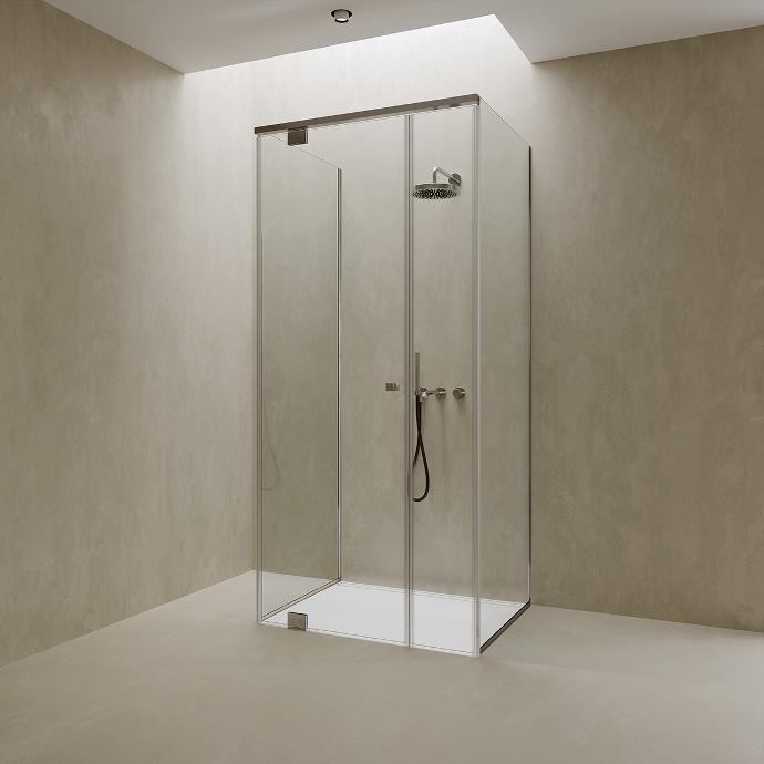 Freestanding shower cabin with glass doors and fixed glass.